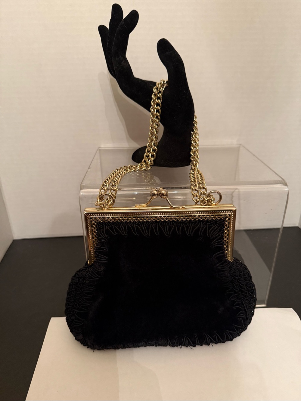 Gold-Trim Black Velvet Evening Clutch with Chain Strap